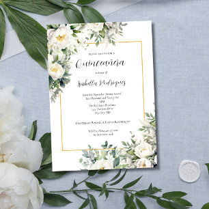 Convite Elegante Floral Branco com Borda Dourada Quinceañe
