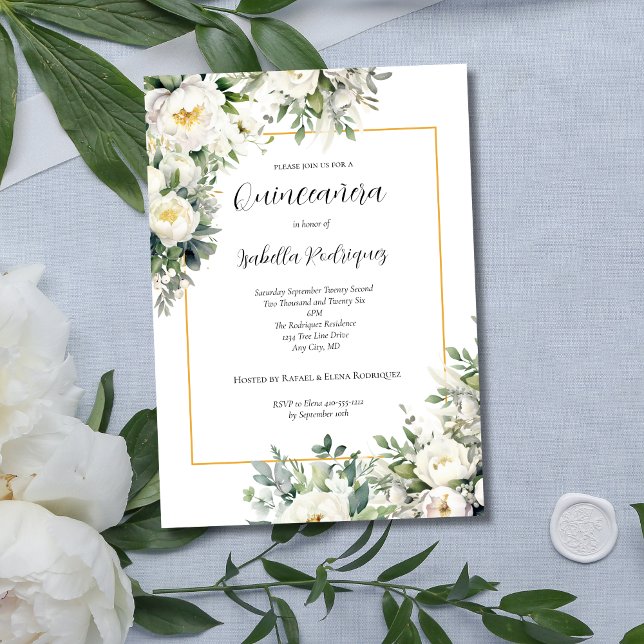 Convite Elegante Floral Branco com Borda Dourada Quinceañe (Elegant White Floral with Gold Border Quinceanera Invitation)