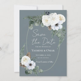 Convite Elegante Floral Branco e Cinza Ardósia Salve a Dat