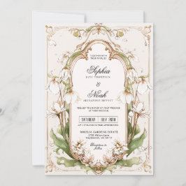 Convite Elegante Floral Branco em Verde Sage Art Nouveau