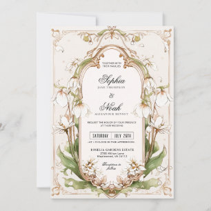 Convite Elegante Floral Branco em Verde Sage Art Nouveau