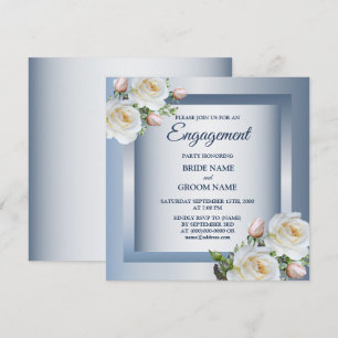 Convite Elegante Floral Branco Festa de Engajamento Azul C