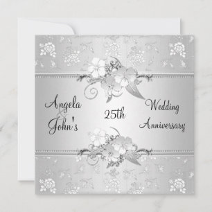 Convite Elegante Floral Branco Prata de Aniversário de 25