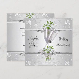 Convite Elegante Floral Branco Prata por 25º Aniversário