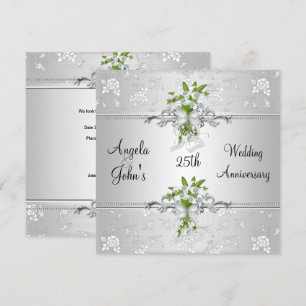 Convite Elegante Floral Branco Prata por 25º Aniversário