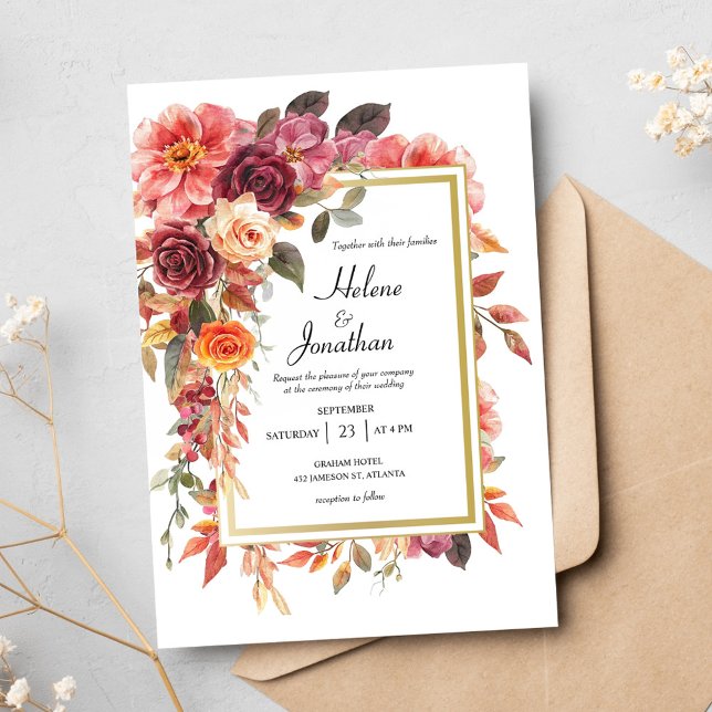 Convite Elegante Floral Burgundy Casamento outono Laranja  (Elegant Floral Burgundy Burnt Orange Fall Wedding Invitation)
