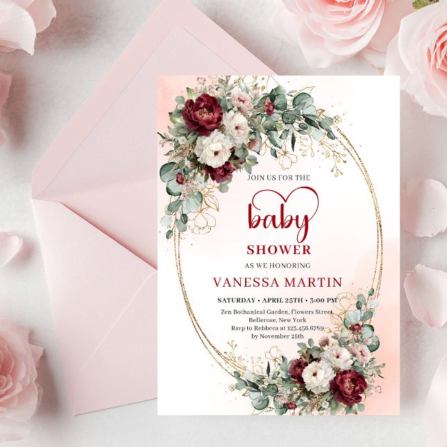 Convite Elegante Floral Burgundy Coração em Forma de Fonte (Elegant Burgundy Floral Heart-Shaped Font Baby Shower Invitation)