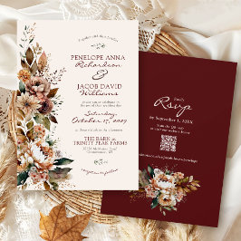 Convite Elegante Floral Caída Burgundy Boho Casamento Outo