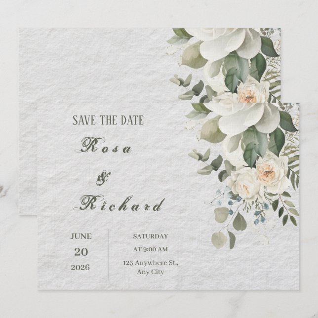 Convite Elegante Floral Casamento Save the Date (Frente/Verso)