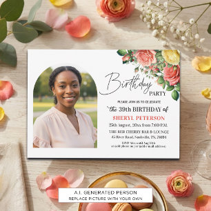 Convite Elegante Floral com Foto Aniversário de 39 anos