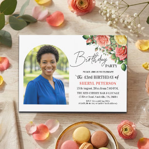 Convite Elegante Floral com Foto Aniversário de 43 anos 