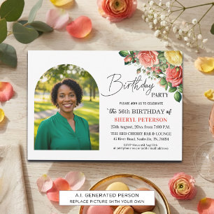 Convite Elegante Floral com Foto Aniversário de 56 anos