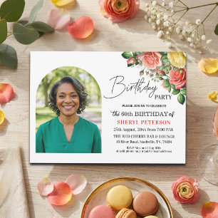 Convite Elegante Floral com Foto Aniversário de 60 anos 