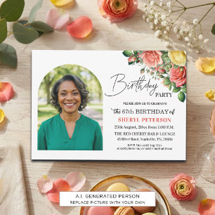 Convite Elegante Floral com Foto Aniversário de 67 anos