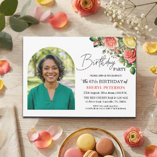 Convite Elegante Floral com Foto Aniversário de 67 anos 