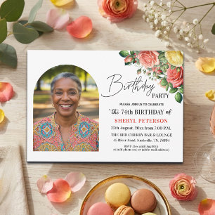 Convite Elegante Floral com Foto Aniversário de 74 anos 