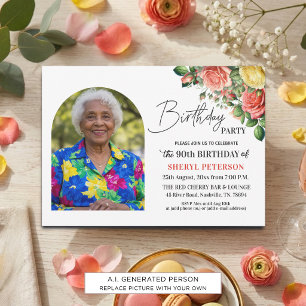 Convite Elegante Floral com Foto Aniversário de 90 anos