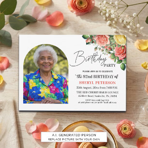 Convite Elegante Floral com Foto Aniversário de 92 anos