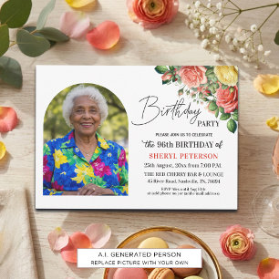 Convite Elegante Floral com Foto Aniversário de 96 anos