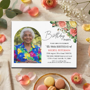 Convite Elegante Floral com Foto Aniversário de 96 anos 