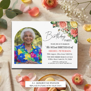 Convite Elegante Floral com Foto Festa de Aniversário de 1