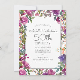 Convite Elegante Floral de Aquarela Roxa 50º Aniversário