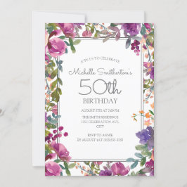 Convite Elegante Floral de Aquarela Roxa 50º Aniversário