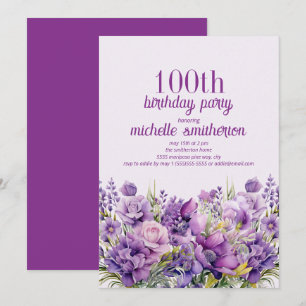 Convite Elegante Floral de Aquarela Roxa Aniversário de 10