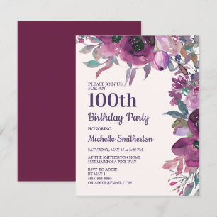 Convite Elegante Floral de Aquarela Roxa Aniversário de 10