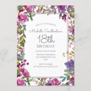 Convite Elegante Floral de Aquarela Roxa para 18º Aniversá