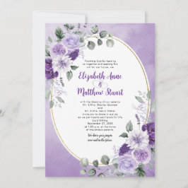 Convite Elegante Floral de Aquarela Roxo Dourado Oval Casa