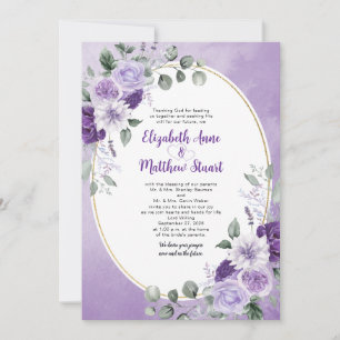 Convite Elegante Floral de Aquarela Roxo Dourado Oval Casa