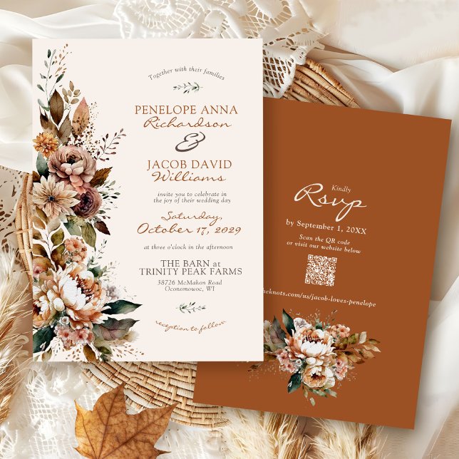 Convite Elegante Floral de Outono Terracota Boho Casamento (Elegant watercolor Fall floral terracotta rust burgundy rustic Autumn QR code wedding invitation)
