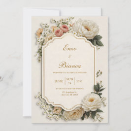 Convite Elegante Floral de Peônia Bege com Recorte Ondulad