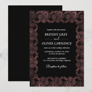 Convite Elegante Floral de Renda Preto e Dourado Rosa Casa