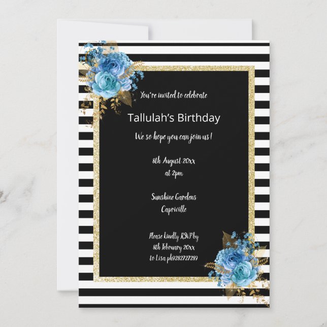 CONVITE ELEGANTE FLORAL DE STRIPE NEGRA E BRANCA (Frente)