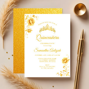 Convite Elegante Floral Dourada Branco e Dourado Quinceane