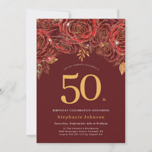 Convite Elegante Floral Dourada Burgundy 50º Aniversário