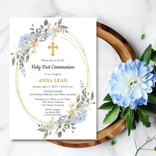 Convite Elegante Floral Dourada Cross First Communance (Beautiful gold cross and floral holy first communion invite front view.)