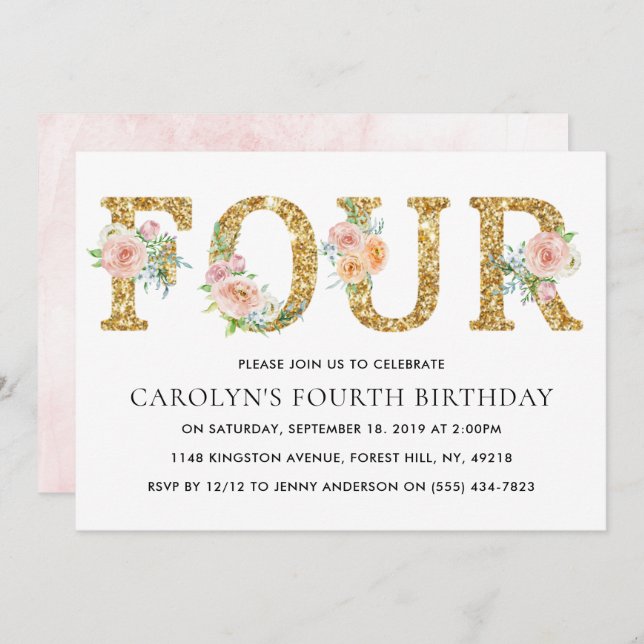 Convite Elegante Floral Dourada Glitter 4. º Aniversário (Frente/Verso)