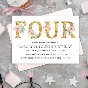Convite Elegante Floral Dourada Glitter 4. º Aniversário