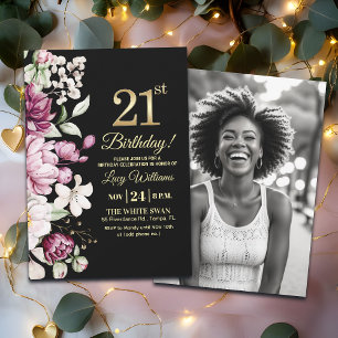 Convite Elegante Floral Dourado 21 Aniversário Foto