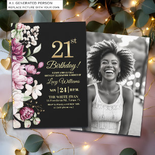 Convite Elegante Floral Dourado 21 Aniversário Foto