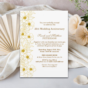 Convite Elegante Floral Dourado 25º Aniversário de Casamen