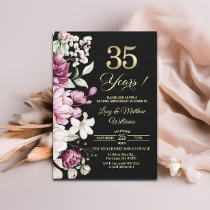 Convite Elegante Floral Dourado 35º Aniversário de Casamen