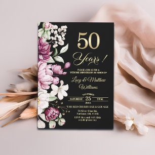 Convite Elegante Floral Dourado 50º Aniversário de Casamen