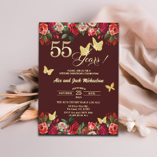 Convite Elegante Floral Dourado 55º Aniversário de Casamen