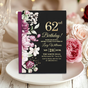 Convite Elegante Floral Dourado 62 Aniversário