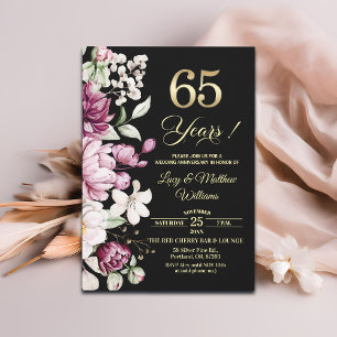 Convite Elegante Floral Dourado 65º Aniversário de Casamen