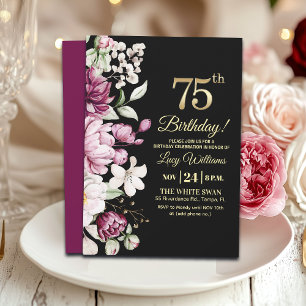 Convite Elegante Floral Dourado 75 Aniversário